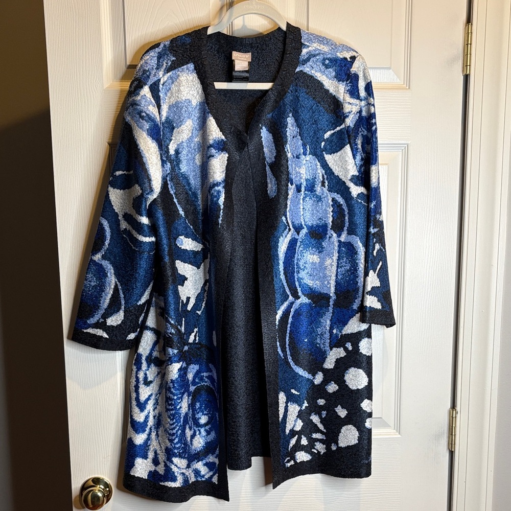 Chico's Reversible Blue and Black Patterned Cardigan